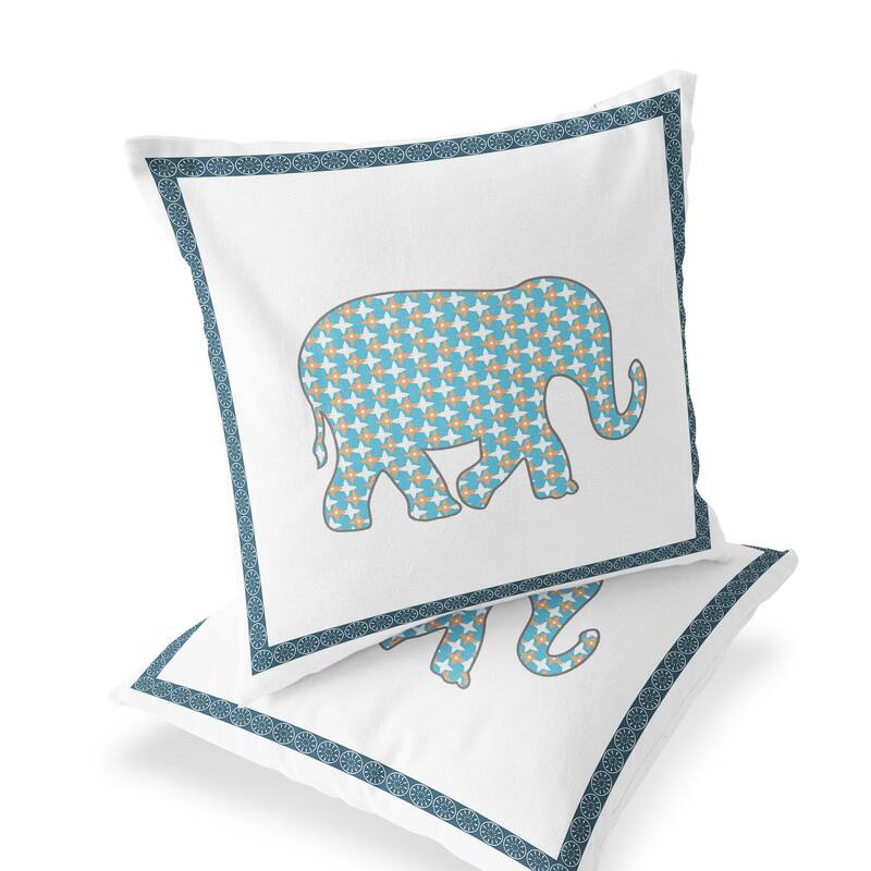 HomeRoots Set of Two 16" X 16" Blue and White Elephant Blown Seam Animal Print Indoor Outdoor Throw Pillow