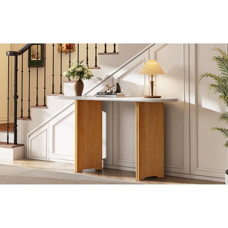 Narrow Console Table with Oval Faux Marble Top - Natural+White