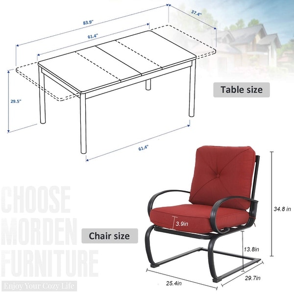 MFSTUDIO 7/9 PCS Outdoor Patio Dining Set, 6/8 Spring Motion Chairs with Cushion, 1 Rectangular Expandable Table