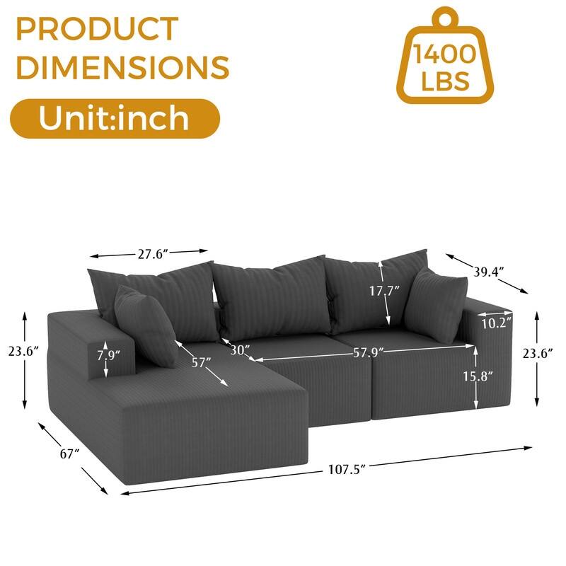 Velvet Sectional Sofa with 5 Pillows Modular L-Shape Sofa