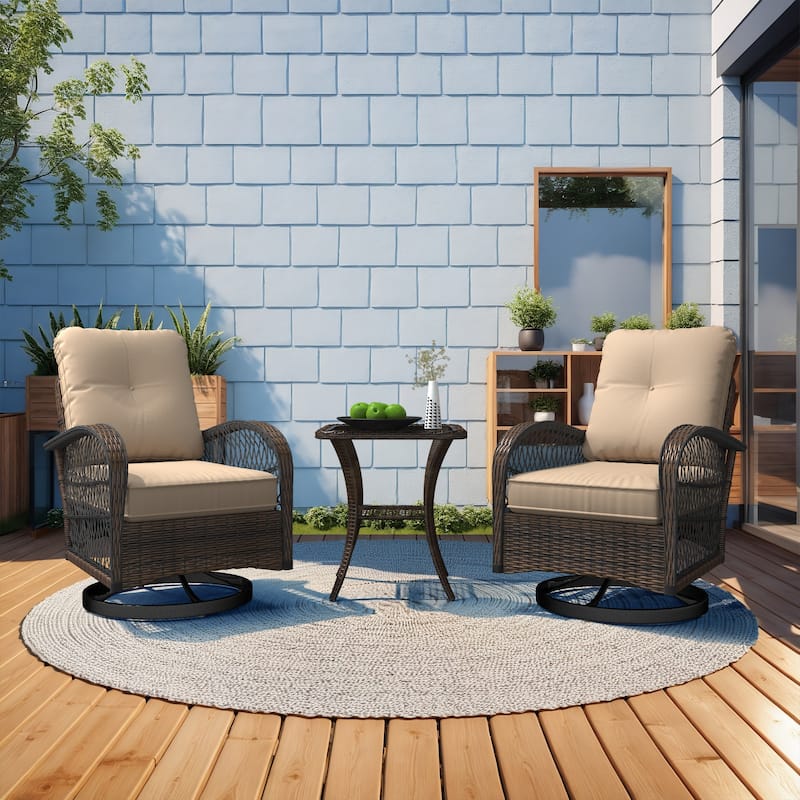 Outdoor Swivel Rocker Bistro Set - 3 Piece Wicker Patio Set with Swivel Rocking Chairs, Cushions, and Tempered Glass Side Table - Khaki
