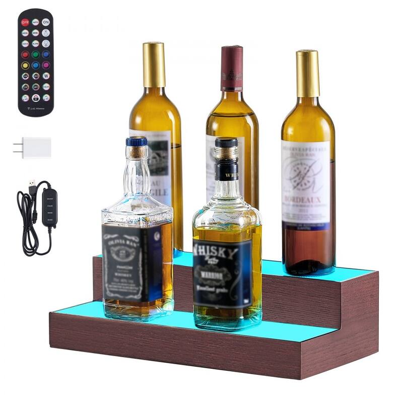 Multi-Color Acrylic and Pine Wood 2-Tier Wine Display Shelf with LED Lighting and Remote Control