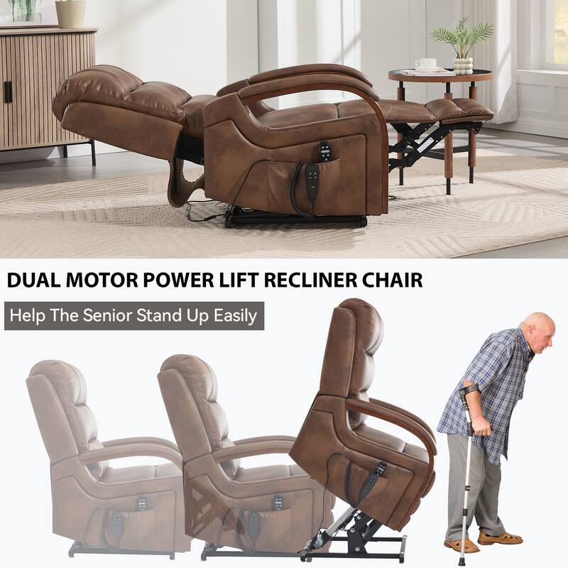 Power Leatheraire Lift Recliner Chair Dual Motor Infinite Position Up to 350 LBS with Solid Wood Armrests