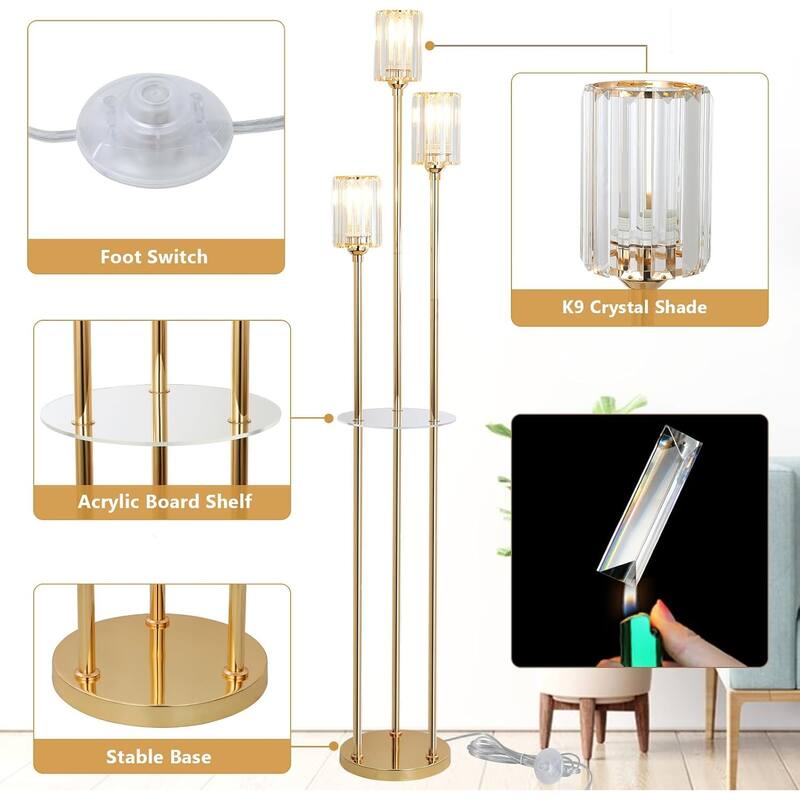 Gold Floor Lamps for Living Room, Modern Floor Lamp with Shelves, Crystal Standing Lamps with Table, Brass Tall Lamp