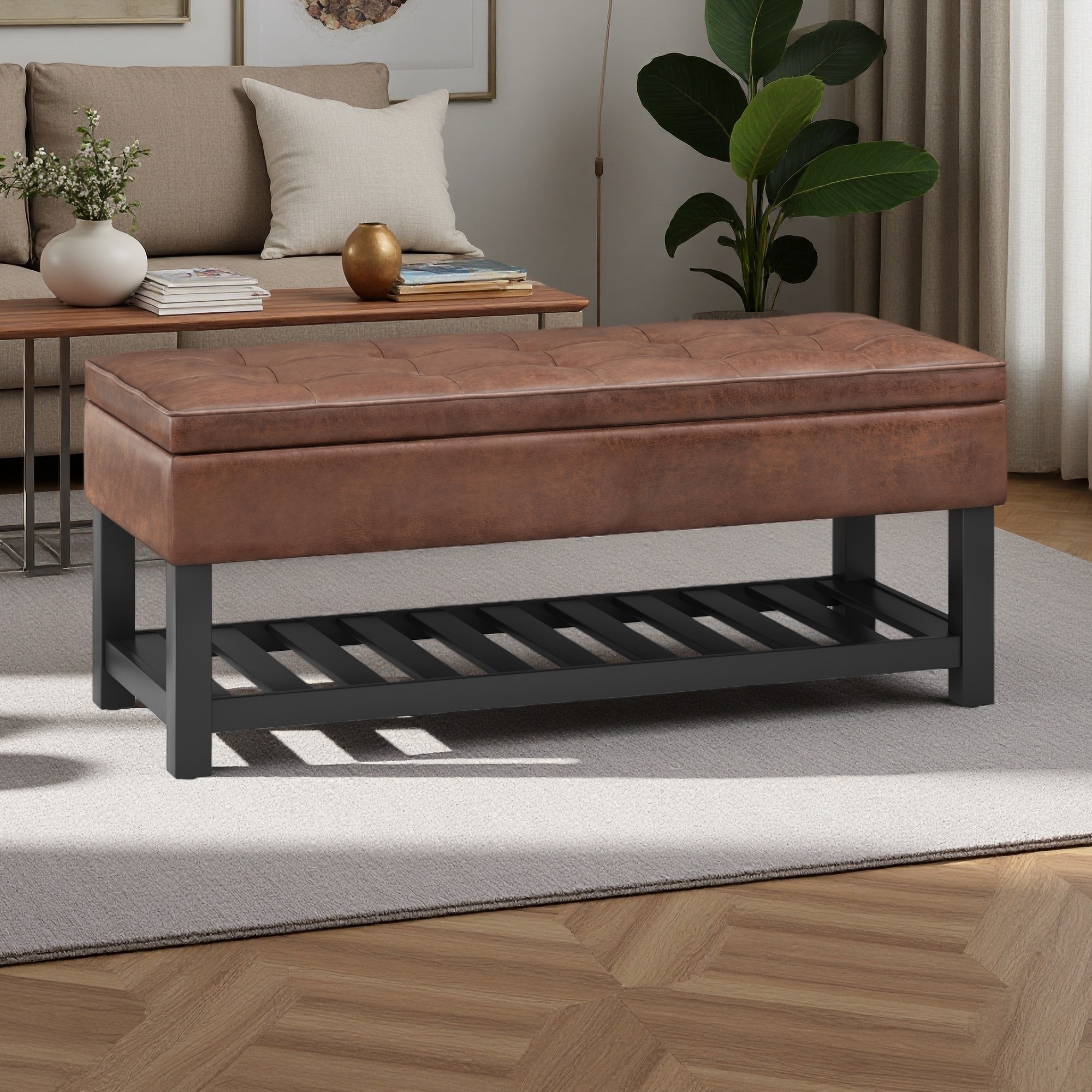 43.7"L Faux Leather Storage Ottoman, Lift-Up Lid, Open Slat Shelf