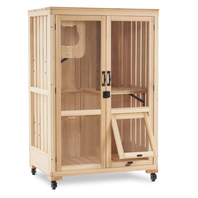 Mcombo Luxury Cat House with Scratching Post, Wooden Large Cat Villa with Wheels, Multi-Feature Cat Condo with Escape Door CT83 - Natural