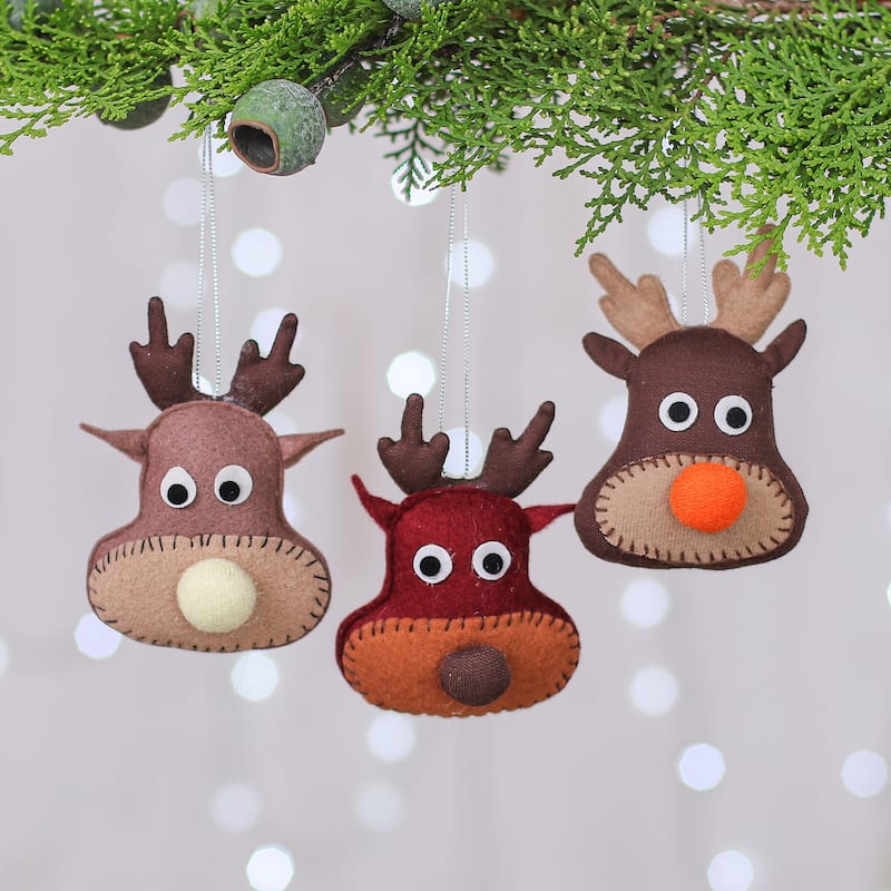 Novica Handmade Reindeer Party Felt Ornaments (Set Of 3)
