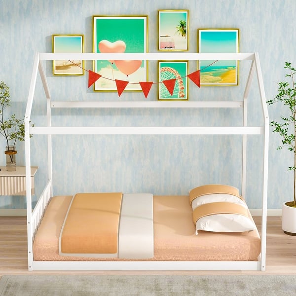 slide 2 of 17, Queen Size Wooden House Bed with Headboard White