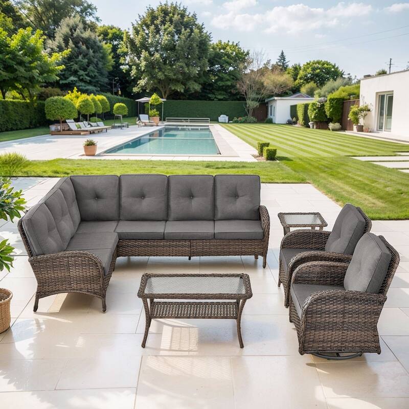 Gymojoy L-Shaped Outdoor Sectional Sofa Set, PE Wicker Couch with Water-Resistant Olefin Cushions - 5-Piece included Swivel Chairs - Grey