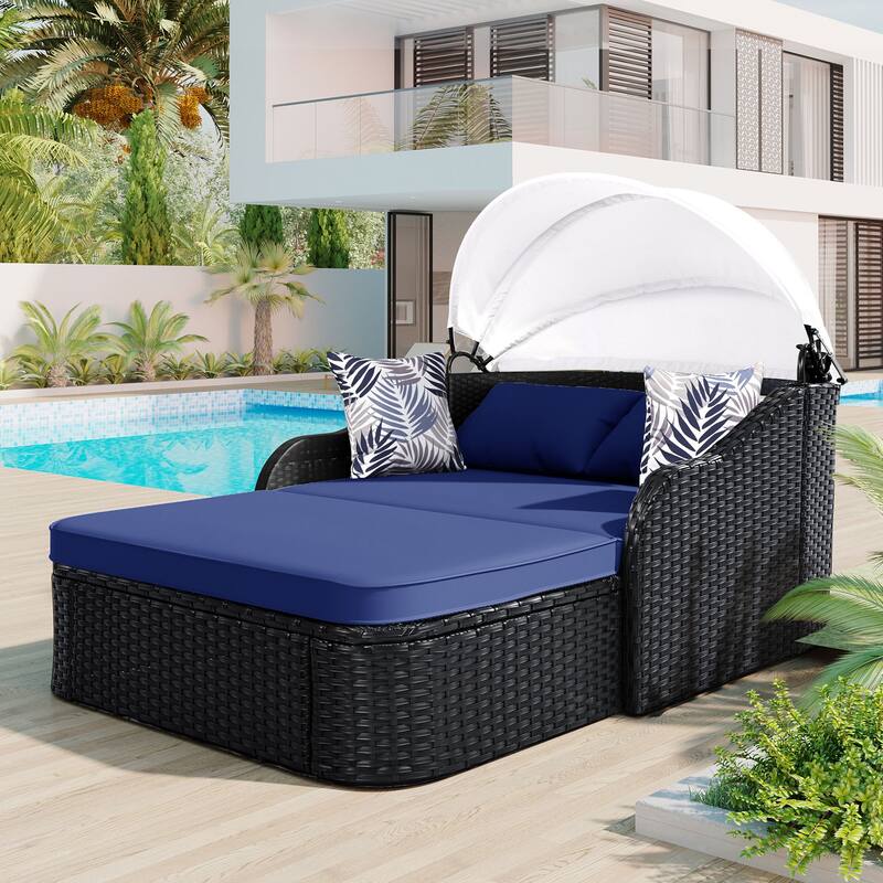 Anmytek 79.9 Inch Outdoor PE Rattan Daybed with Adjustable Canopy and Blue Cushions Double Sunbed for Patio and Poolside