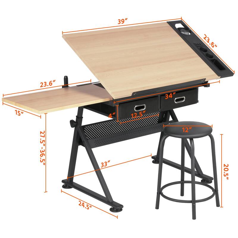 Yaheetech Drawing Table/Stool Set for Professional Art Work with Adjustable Table Angles