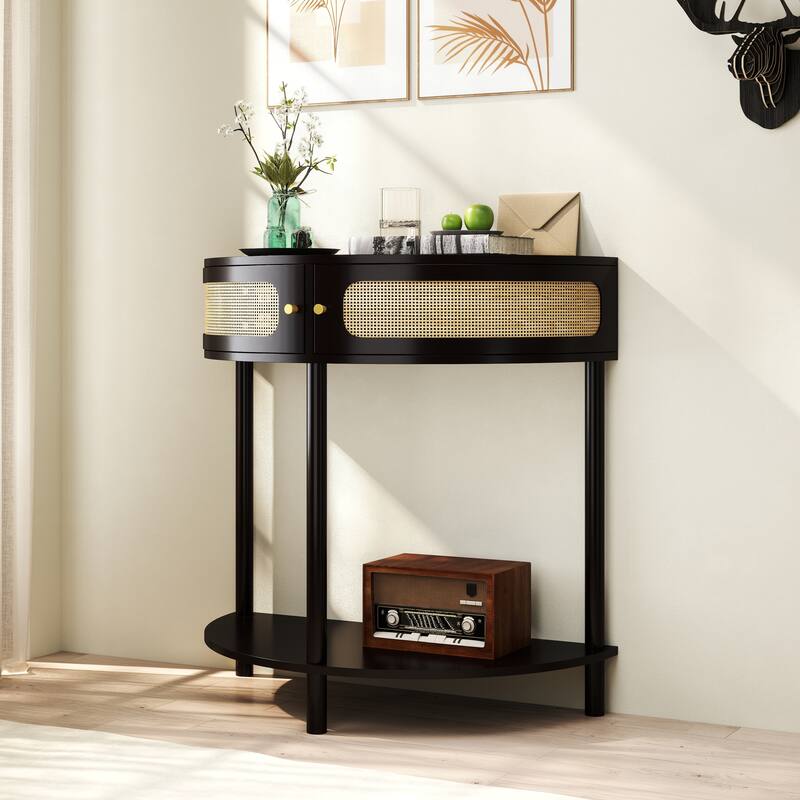 31.88" Half Moon Shaped End Table, Solid Wood Semi Circle Entryway Console Table with 2 Rattan Doors and Bottom Shelf