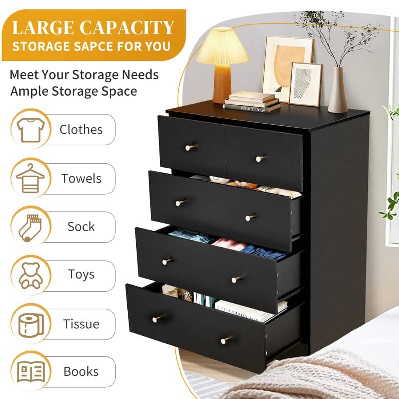 5-Drawer Dresser For Bedroom And Chest Of Drawers With Sturdy Construction Wood Storage Organizer For Closet