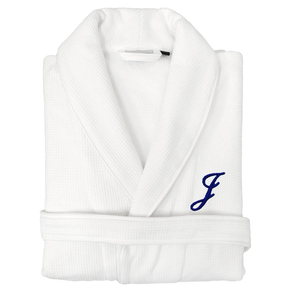 Authentic Hotel and Spa Unisex Navy Blue Monogrammed Turkish Cotton Waffle Weave Terry Bath Robe
