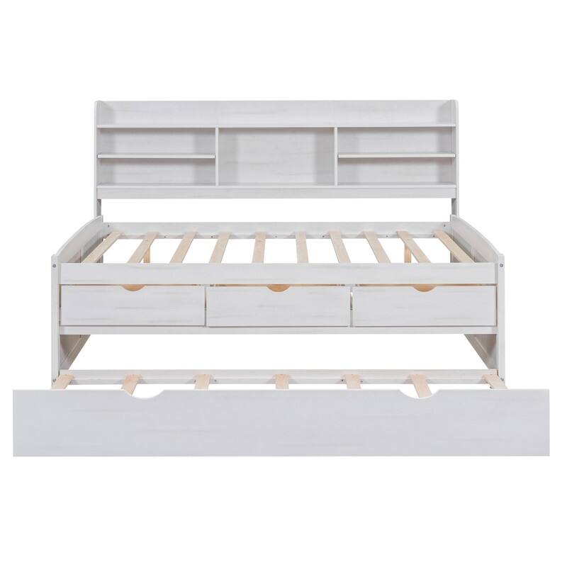 Full Size Wooden Captain Platform Bed with Bookshelves,3 Drawers and Trundle
