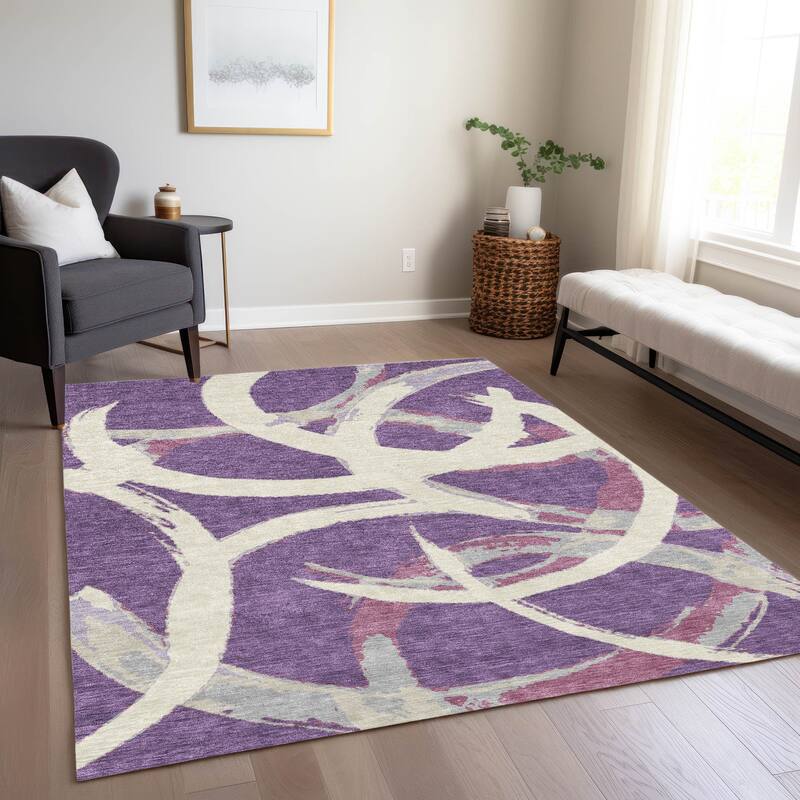 Machine Washable Indoor/ Outdoor Abstract Contemporary Chantille Rug