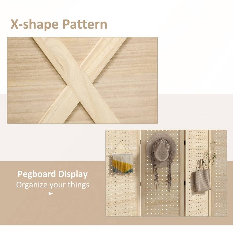 Folding Wood Pegboard Room Divider for Privacy and Organization in Home or Office