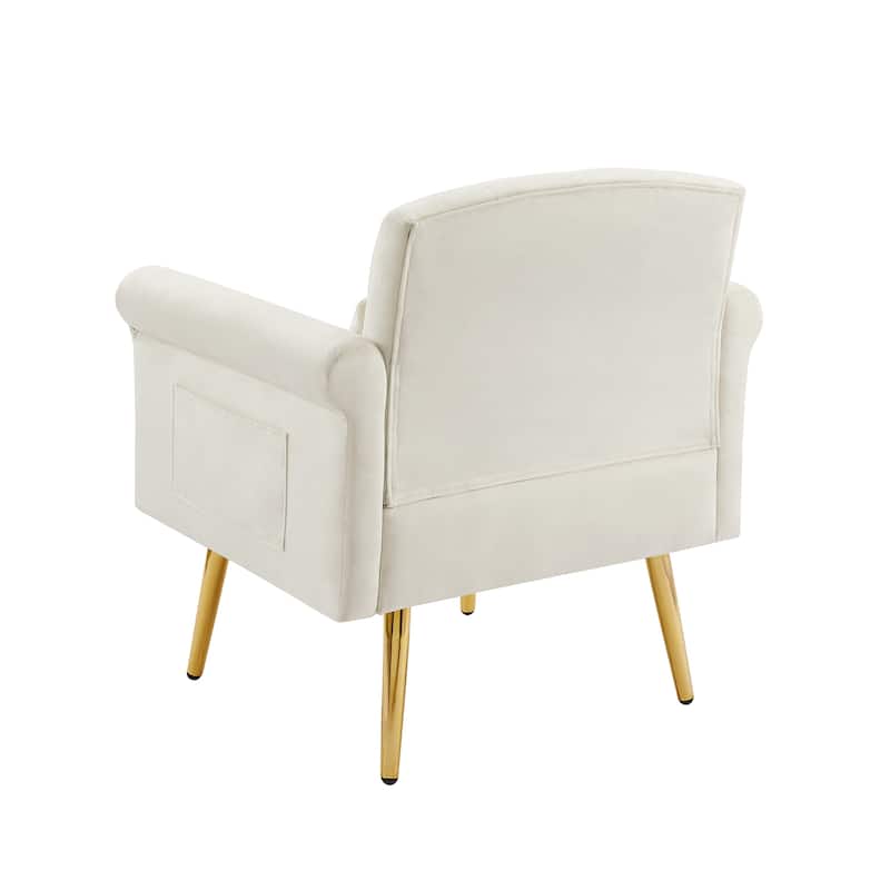 Off White Velvet Armchair With Metal Legs - 24.40 x 32.60 x 32.60