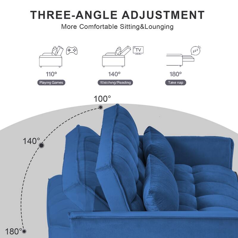 3-in-1 Velvet Convertible Sofa Bed, Adjustable Backrest with Pockets