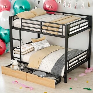 Full Size Metal Convertible Bunk Bed with 2 Drawers, Black