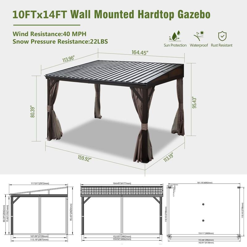10x14FT Wall Mounted Metal Roof Gazebo with Gutters, Netting, and Privacy Curtains