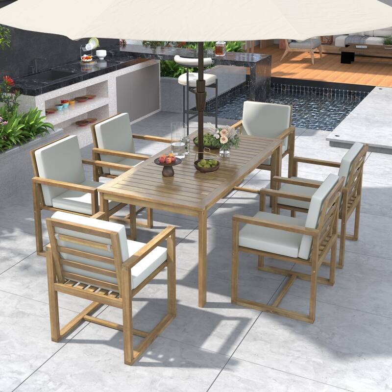7-Pieces Patio Dining Set with Removable Cushions and 6 Chairs - Teak