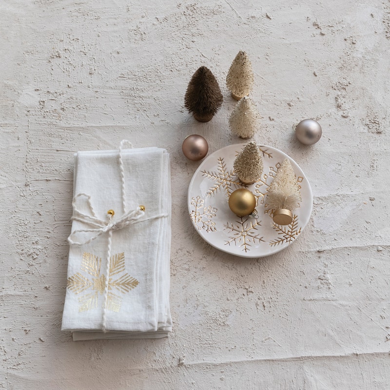 Linen Snowflake Napkins with Cotton Rope and Bells, Set of 4