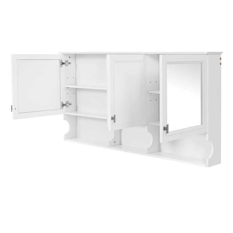 55"Mirror Medicine Cabinet with Open Shelves,Wall Mounted Storage with Doors & Mirror,Adjustable Shelf