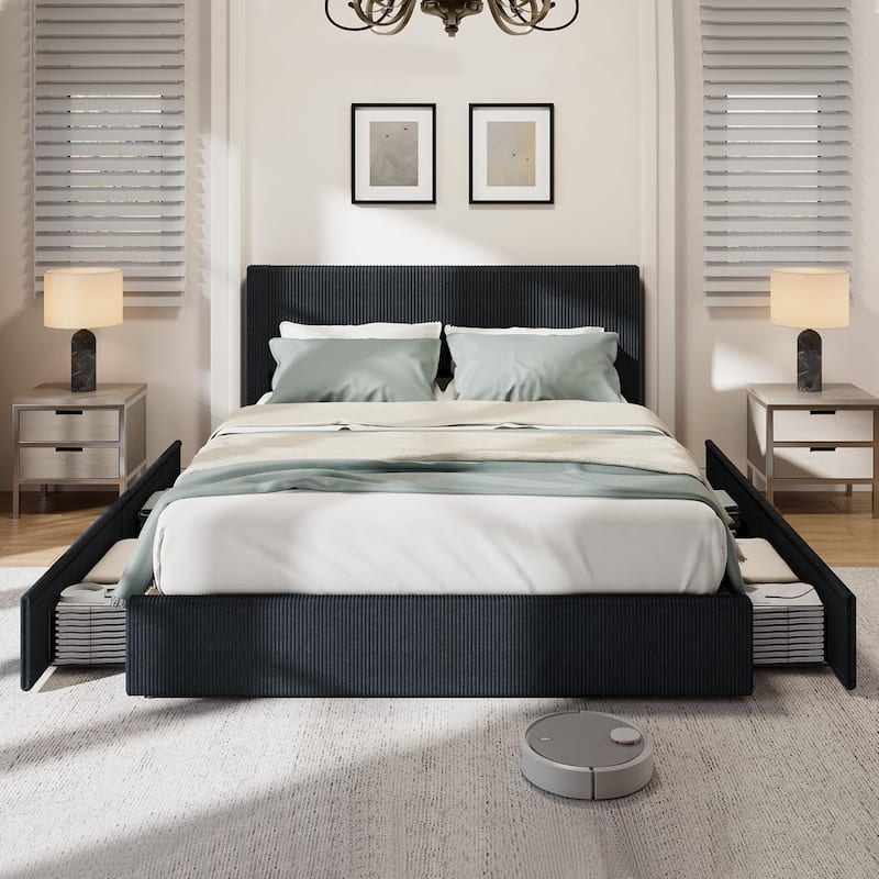 Upholstered Platform Bed with 4 Storage Drawers, Channel Tufted Wingback Headboard & Solid Wood Slat Support