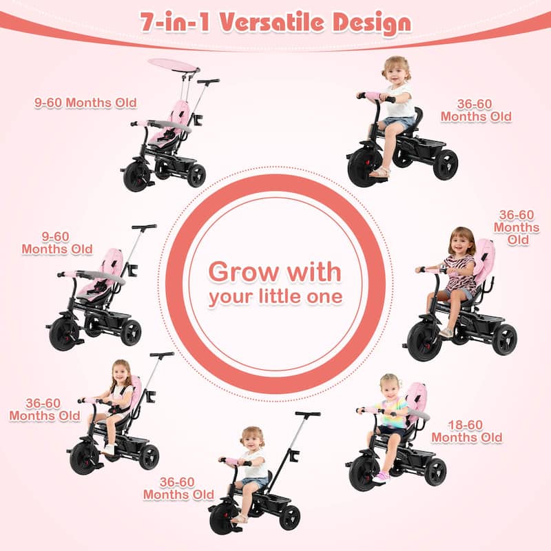 Costway Toddler Tricycle, 7 in 1 Push Trike with Adjustable Canopy