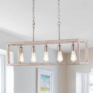 Amara Matte Satin Nickel+Wood Grain 5-Light Metal Open-Cage Linear Chandelier