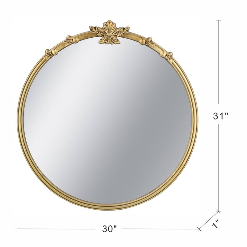 Round Gold Finish Wall Mirror - Decorative Leaf Crest