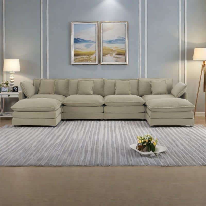 149.6" Corduroy U-Shaped Sectional Sofa with 2 Ottomans and Storage Pockets - Brown