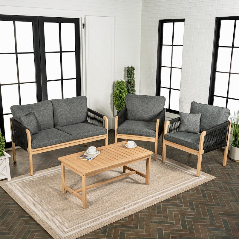 Aveiro 4-Piece Modern Bohemian Acacia Wood Outdoor Patio Set with Cushions and Plain Decorative Pillows, by JONATHAN Y