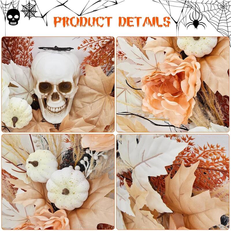 22 Inch Halloween Wreath with Lights White Pumpkins Roses