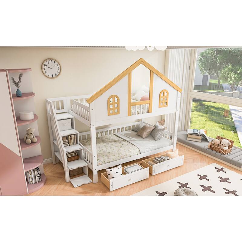 Roomfitters Twin Over Twin/Full Over Full House Bunk Bed with Window, Roof and Storage Staircase, White and Natural
