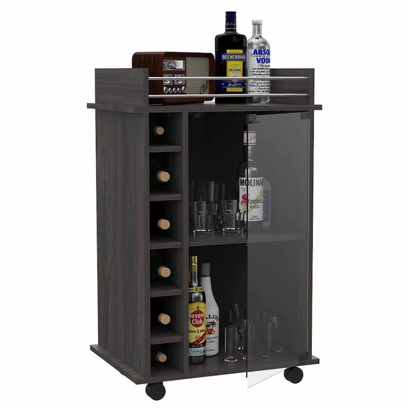 Carbon Espresso Bar Cart with Glass Door, Metal Rail, Two Shelves & Locking Casters