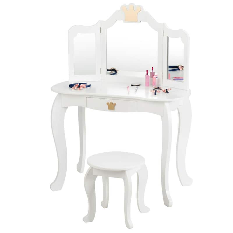 Gymax Kids Makeup Dressing Table Chair Set Princess Vanity & - See Details - White