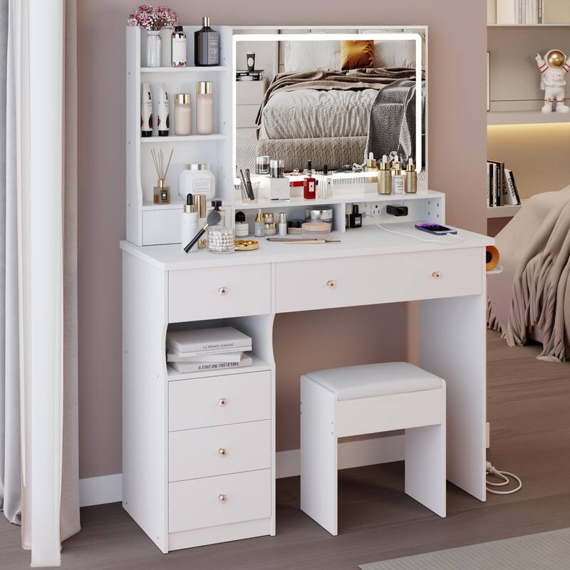 41" Large Size Left Drawer Desktop Vanity Table + Cushioned Stool Dresser Set, 2 AC+2 USB Power Station, Hair Dryer Stand