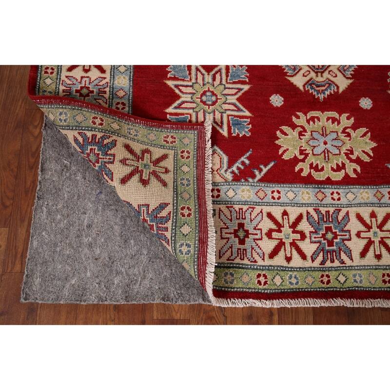 Red Geometric Kazak Rug Hand-Knotted Traditional Wool Carpet - 5'0" x 7'0"