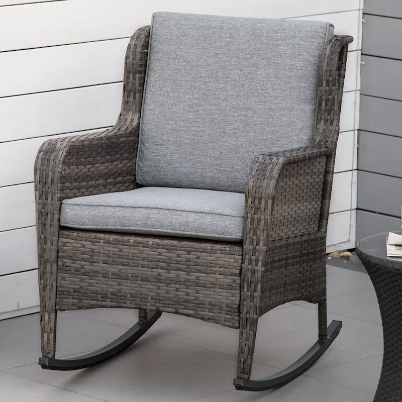 Outsunny Patio Wicker Rocking Chair, Outdoor PE Rattan Swing Chair w/ Soft Cushions, Classic Style for Garden, Patio, Lawn - Grey