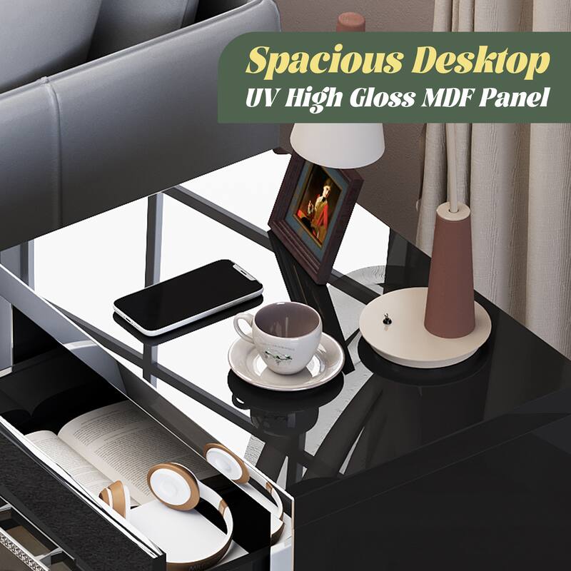 High Gloss Mirrored Nightstand with 2 Drawers,Modern End Table with Drawers,Mirrored High Gloss Wood Nightstand Metal Handle