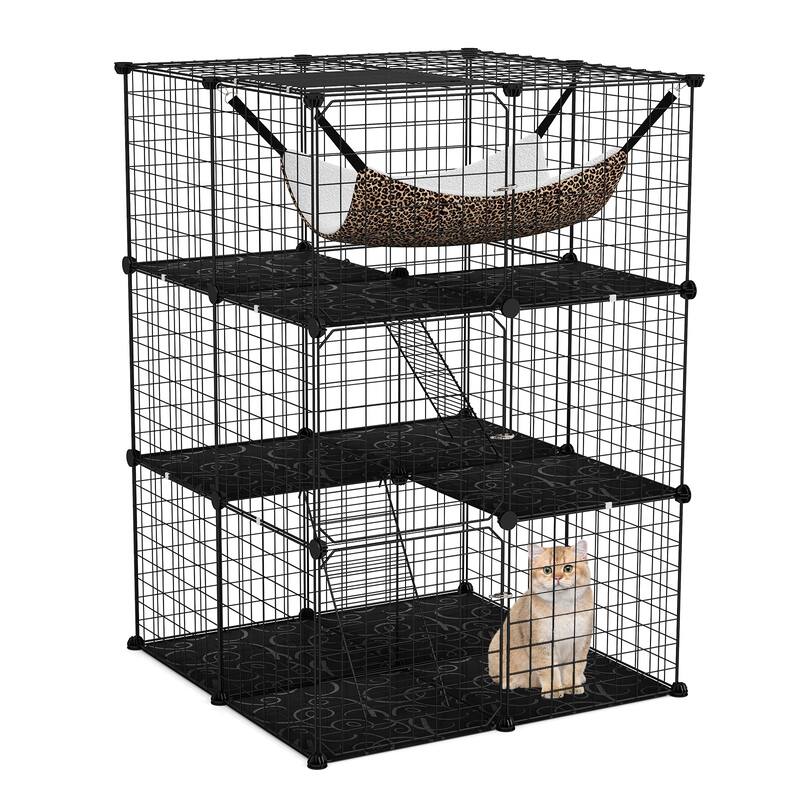 Black PP Metal 3-Tier Cat Cage with DIY Assembly, Hammock and Multi-Platform Playpen