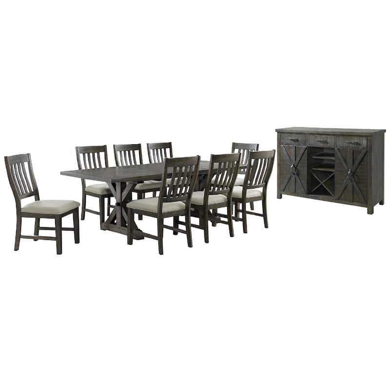 Extendable Dining Set for 8 - Rectangular Table, Server, & 8 Chairs - Distressed Gray Finish