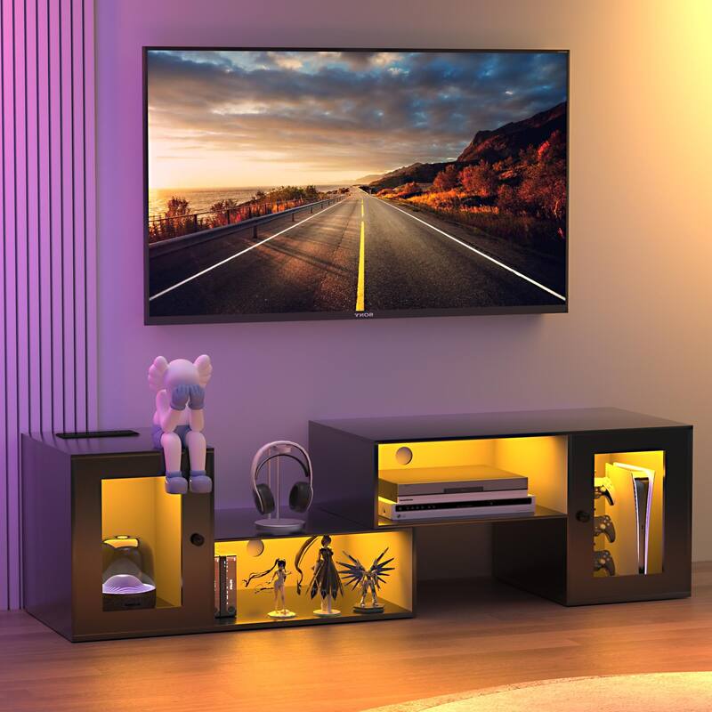 VECELO TV Stand with LED Lights & Power Outlets, Storage Shelves - 55 inches