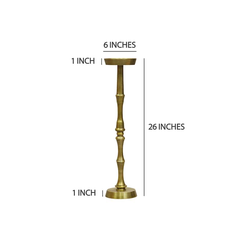 26 Inch Side End Drink Table, Turned Pedestal Metal Base, Round Top, Oxidized Brass