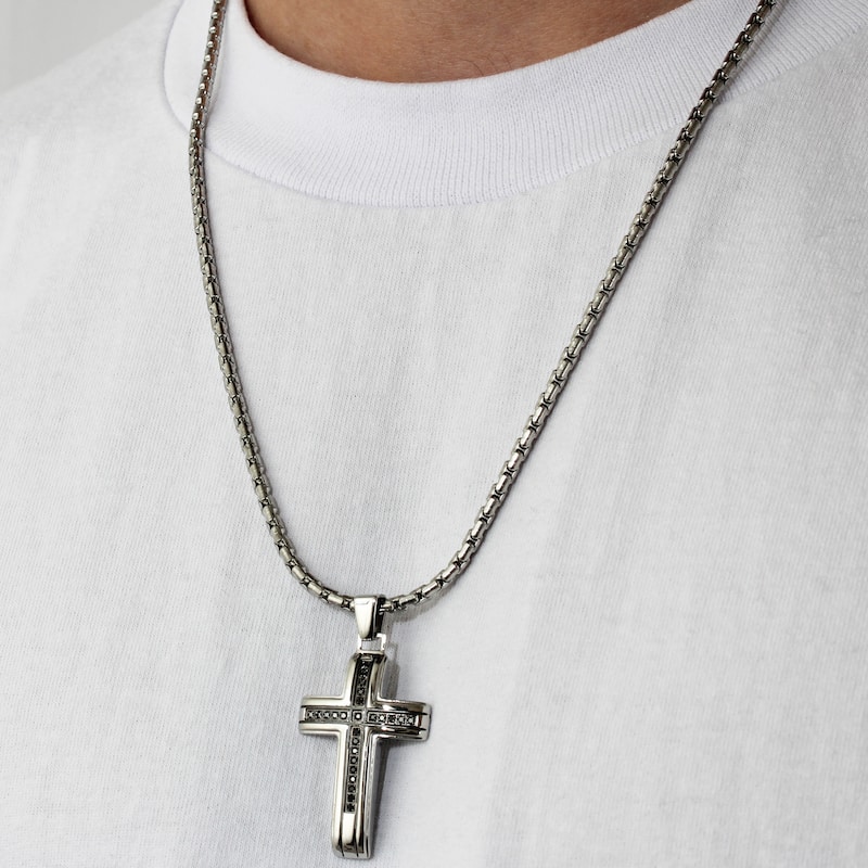 Steel Nation Stainless Steel Black Diamond Cross Pendant 1/4ctw
