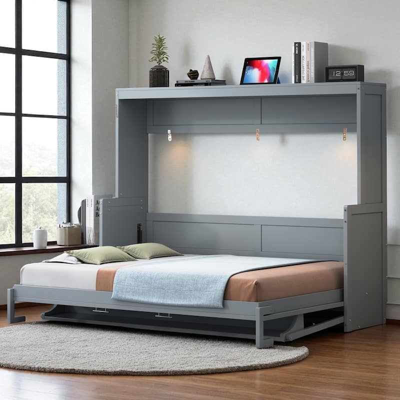 Full/Queen Murphy Wall Bed with Desk, Hydraulic Lift, 600 lb Capacity, 10 in Mattress, Space-Saving Home Office