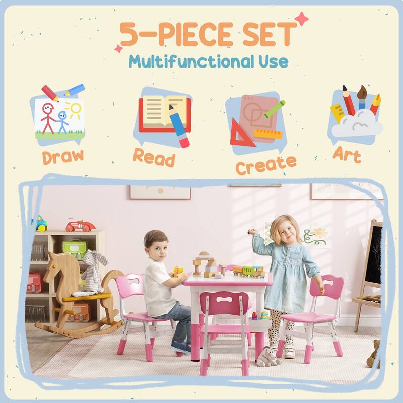 Kids Adjustable Table and 4 Chair Set with Storage Box Pink Activity Play Furniture for Toddlers and Preschoolers