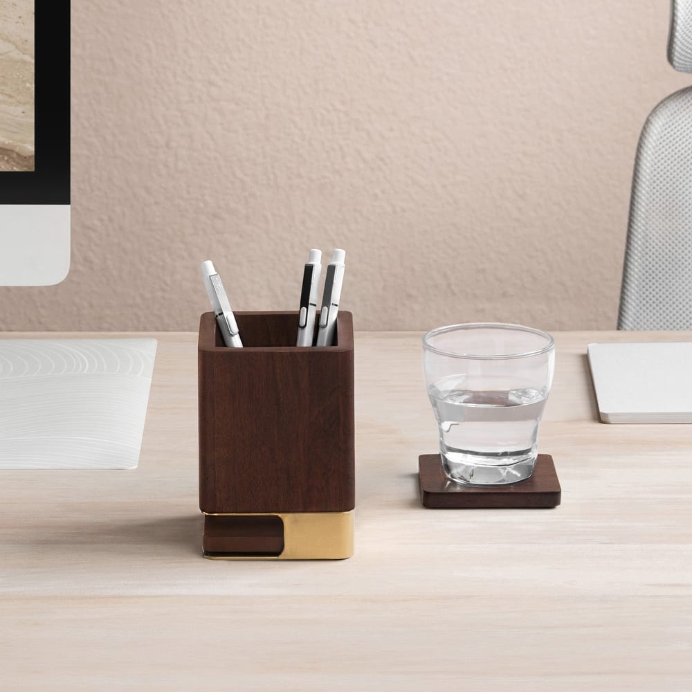 Jani Wooden Pen Cup Holder with 2 Coasters - Stained Mango Wood & Powder-Coated Metal Organizer for Home, Office & Living Spaces
